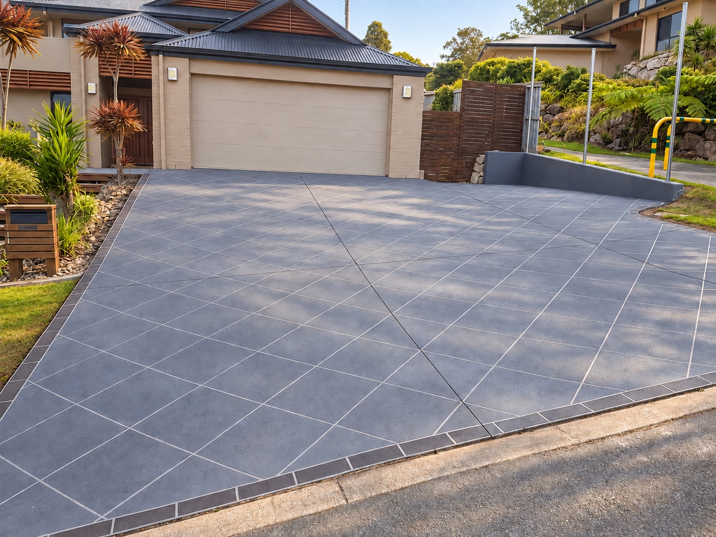 Decorative resurfaced concrete driveway with diagonal scoring at a Brisbane home