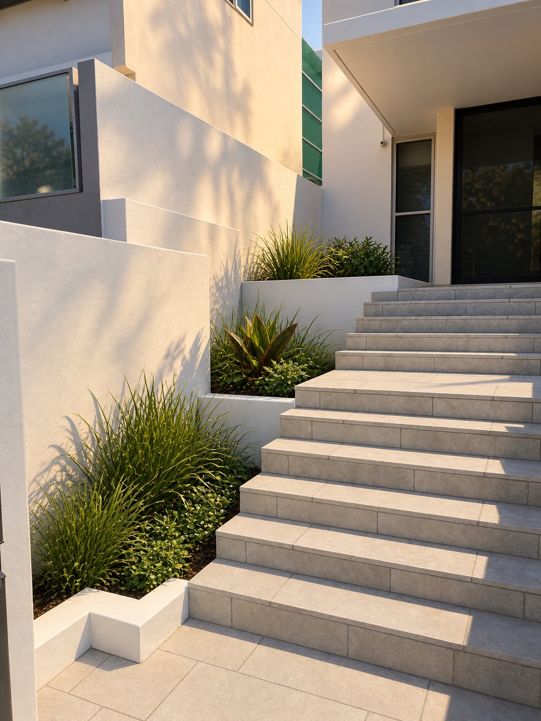 External tiled garden stairs framed by mature subtropical planting in Brisbane