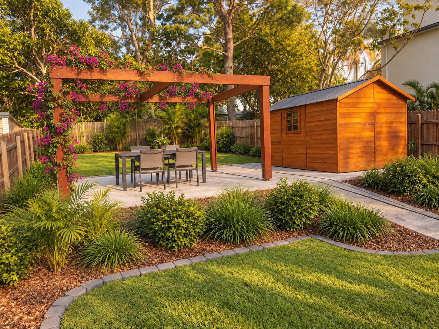 Timber pergola with established Bougainvillea in a completed Brisbane garden project