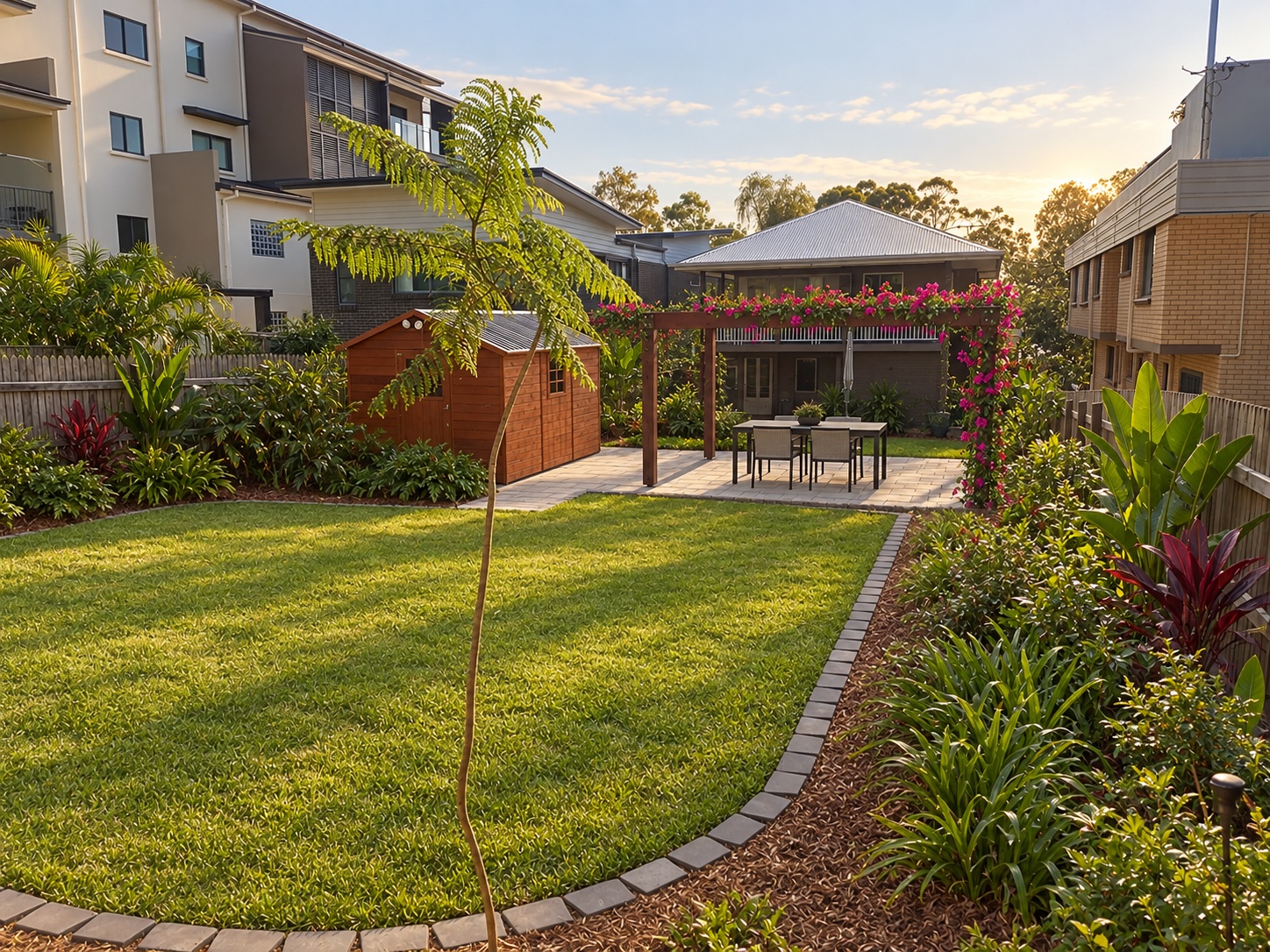 Wide view of a timber pergola with established Bougainvillea in a completed Brisbane garden