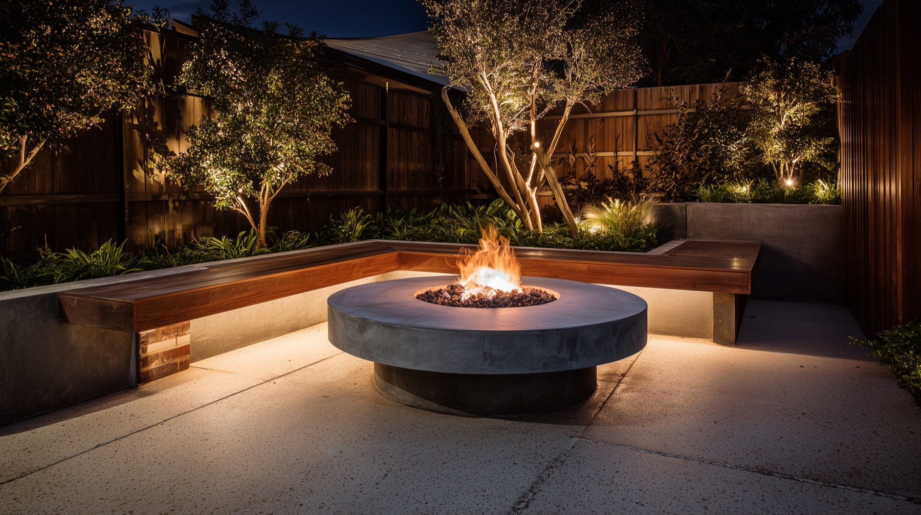 Night-time outdoor entertaining area with a concrete fire feature