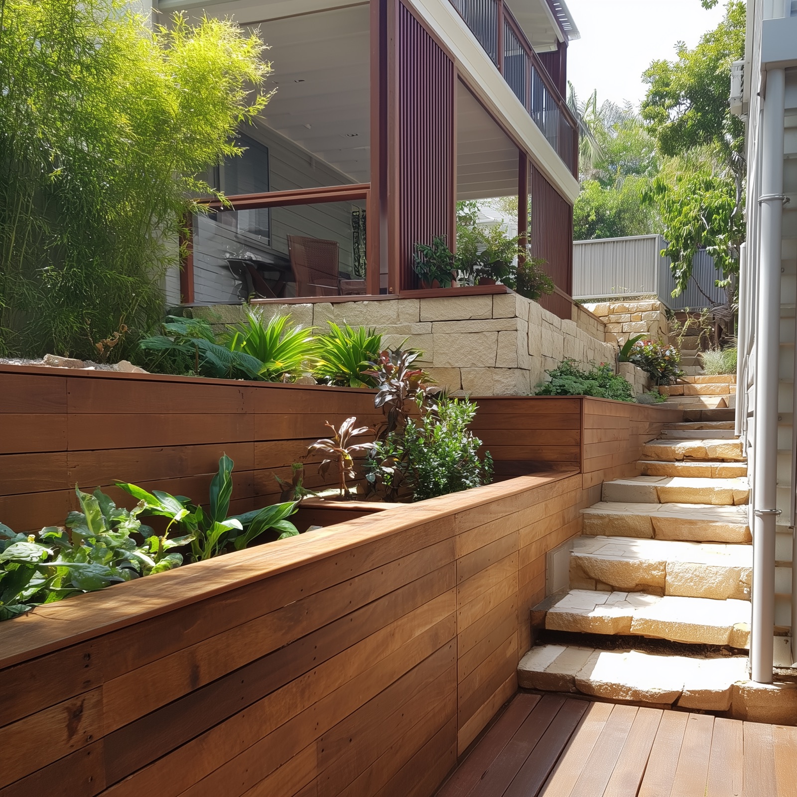 Tiered retaining and landscape construction beside outdoor stairs