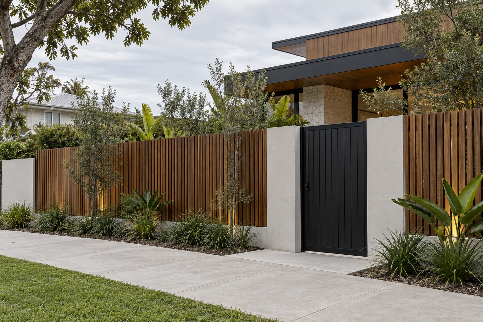 Representative hardwood batten fence with a custom black entry gate
