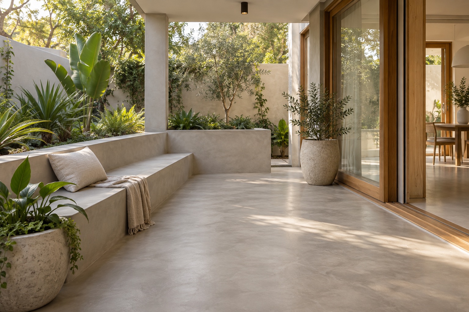 Representative warm-grey microcement patio and integrated bench